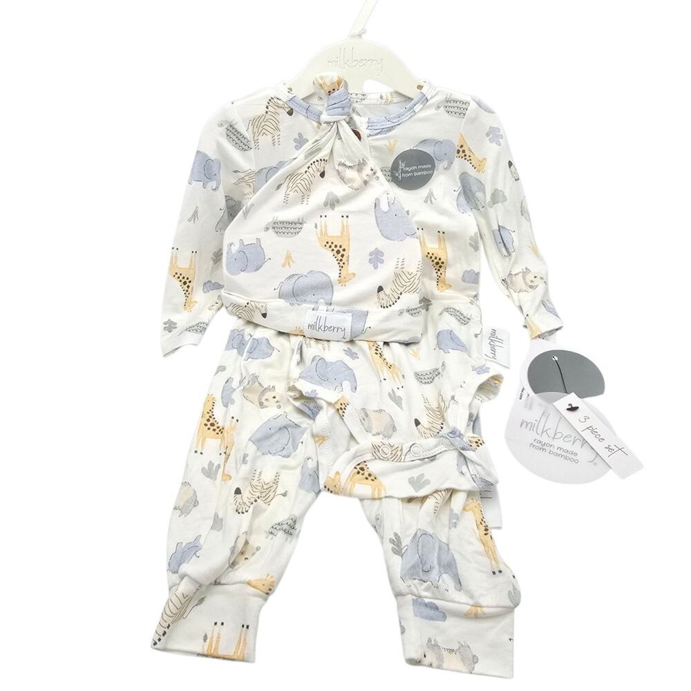 NEW Milkberry 3 Piece Bamboo‎ Set Baby 3-6 Months Zoo Animals Pants Hat Romper